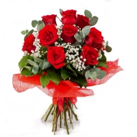Buchet 13 trandafiri rosii cu gipsofila 2